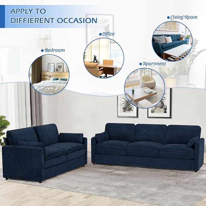 2 Pieces Chenille Sofa Set w/Arm Pillows, Upholstered Loveseat & 3 Seater Sofa w/Comfortable Back Cushions, Modern 2-Seat & 3-Seat w/High-Density Foam for Living Room, Apartment, Blue