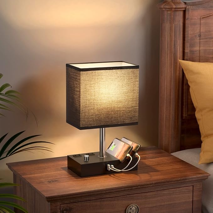 Kakanuo Table Lamp for Bedroom with Dual USB Ports, Fully Dimmable Black Bedside Lamp with Phone Stands and 2 Charging Outlets, Desk Lamp for Nightstand and Living Room, LED Bulb Included