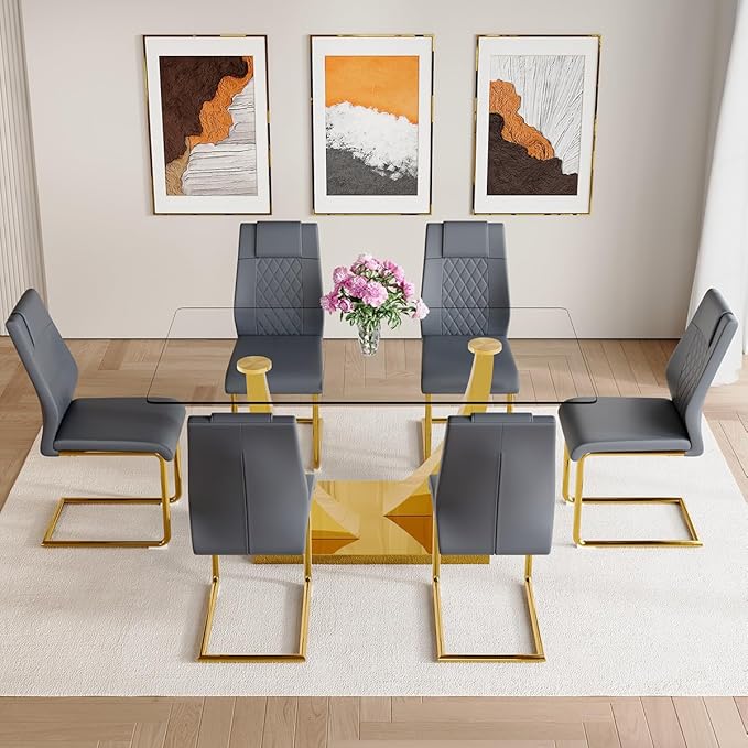 AZmac 63" Glass Dining Table Set for 6,Luxury Gold Dining Room Set with Stainless Steel Pedestal, Rectangular Tempered Glass Kitchen Table with PU Leather Chairs, for Kitchen Apartment