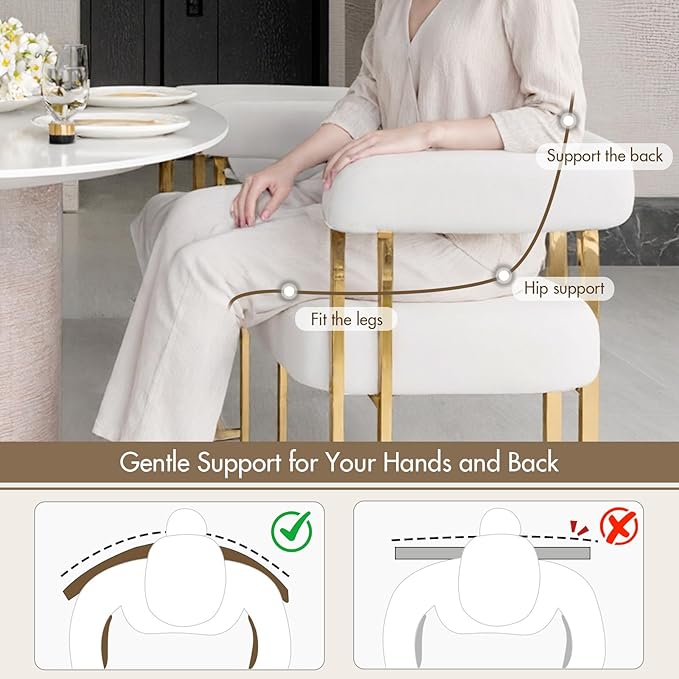 Beige and Gold Modern Dining Chairs Set of 2, Velvet Upholstered Barrel Armchairs with Metal Legs for Kitchen Island, Mid Century Accent Chairs for Dining Room Living Room, Open-Back