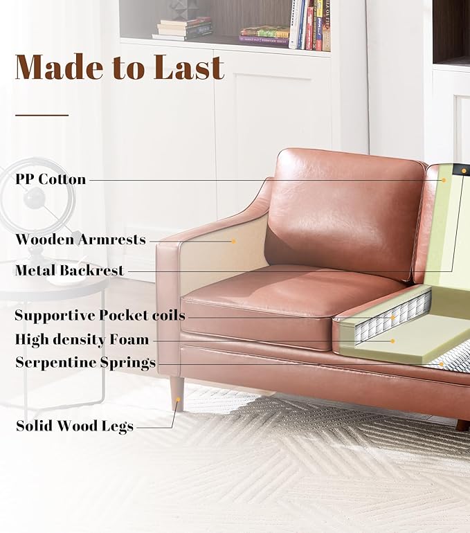 Kingfun Living Room Furniture Sets, 2 Armchair and Loveseat, Mid Century Modern Sofa Set, Faux Leather Couch with Solid Wood Frame for Living Room & Bedroom, Dark Brown