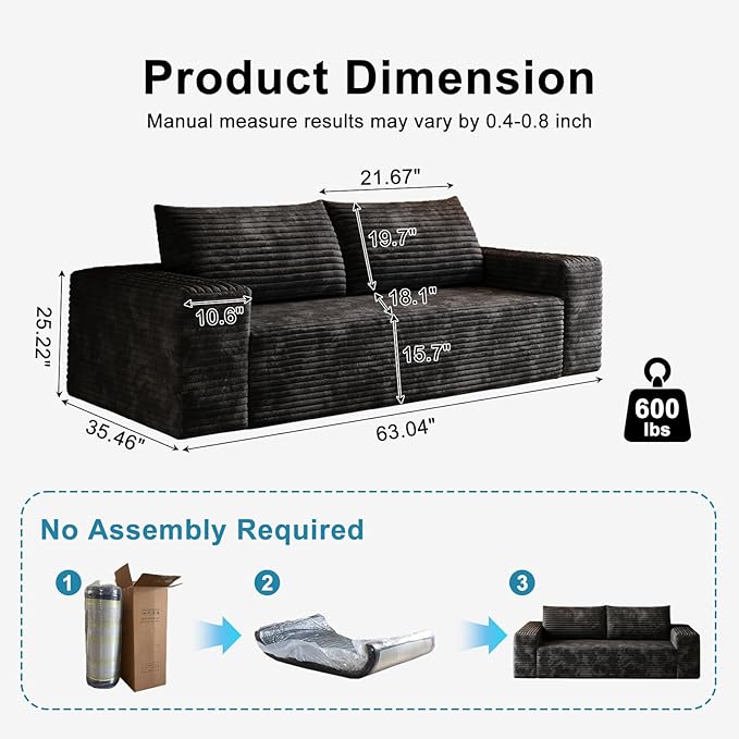 Saiveina 63" Corduroy Loveseat Sofa, Deep Seat Comfy Couch with Backrest and Armrests, No Assembly Required, 2 Seater Couch for Living Room Bedroom Apartment, Black