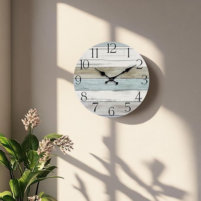 HYLANDA Wall Clock, 12 Inch Wall Clocks Battery Operated Silent Non Ticking, Wooden Clocks Decorative for Kitchen, Bathroom, Bedroom, Living Room Blue