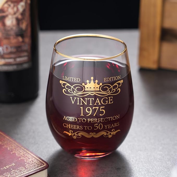 1975 50th Birthday Gifts for Women Men 15oz Wine Tumbler Red Wine Glass Cup 50 Years Old Birthday Present 50th Anniversary Present