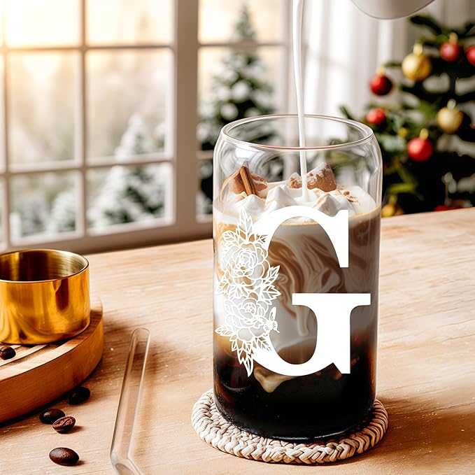 DWTS DANWEITESI Birthday Gifts for Women: Initial Glass Cup as Office Graduation Memorial Holiday Personalized Gifts - for Teacher Employee Nurse Coworkers Bridesmaid Bride - G Aesthetic Cup