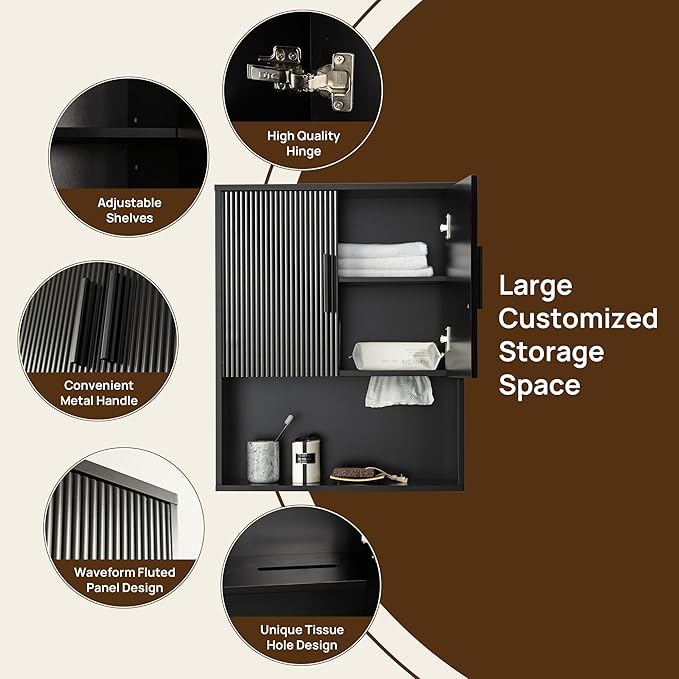 Fluted Bathroom Wall Cabinet with DIY LED Light, Wooden Medicine Cabinet with Tissue Hole, Monuted Wall Cabinet with DTC Hinge (Silent Buffering), Over Toilet Storage Cabinet Modern Black