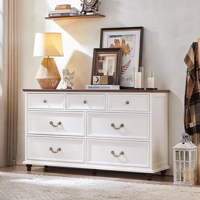 24" Wide Farmhouse Nightstand Set of 2, 54" 7 Drawers Dresser, 37" Tall Rustic Chests of Drawers w/ 4 Solid Wood Feet, Farmhouse Furniture Series for Living Room,Bedroom,White