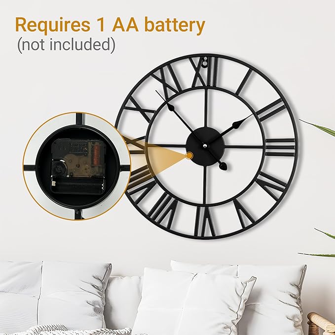 20inch/50cm Large Wall Clocks for Living Room Decor,Modern,Battery Operated,Silent,Non Ticking,Big Black Round Wall Clock for Home,Farmhouse,Office,Decoration(Iron Roman Numerals, 20 inches)