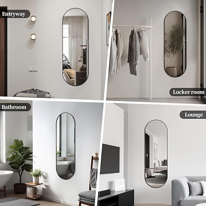 Oval Full Length Mirror, 65"×22" Wall-Mounted Mirror with Metal Frame, Ultra-Clear Explosion-Proof, Simple and Classic Deco for Cloakroom/Bedroom/Living Room, Black