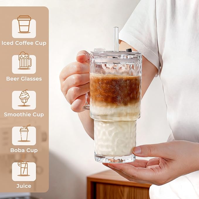17oz Water Glass Tumbler with Handle & Lid, Reusable Iced Coffee Cups with Straws – Set of 2, Glass Cups Travel Mug for Smoothies, Juice, Coffee, Tea