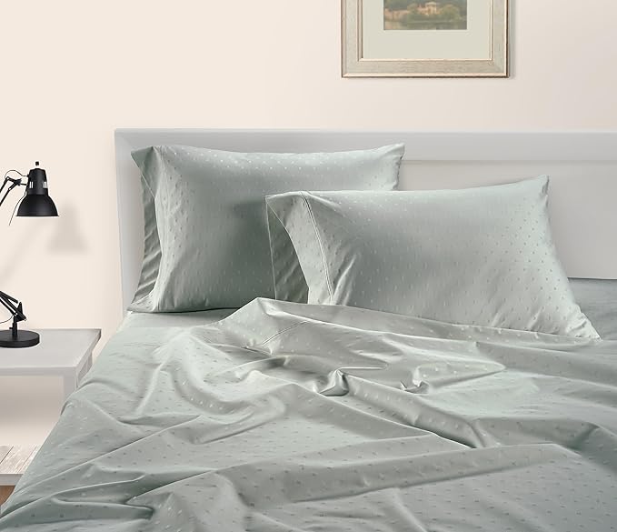 LANE LINEN 100% Egyptian Cotton Bed Sheets Twin Extra Long Sheet Set, Sateen Weave, Luxury Hotel Sheets, Perfect for Dorm Room & Hospital Beds, Jaquard Swiss Dot - Mineral