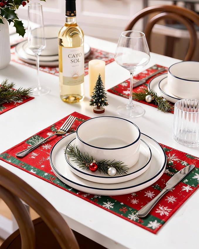 Famiware Porcelain Dinnerware Set, 12-Piece Modern Plate and Bowl Set, Dish Set for 4, Microwave and Dishwasher Safe Tableware, White with Blue Trim