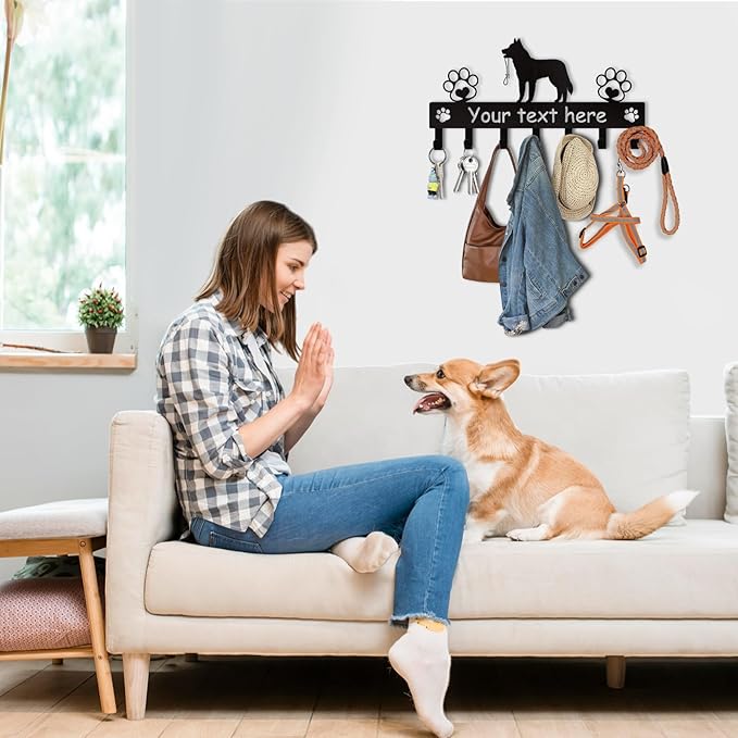 Personalised Dog Leash Holder for Wall, Pets Theme Key Holder Wall Mount, Dog Storage Organizer, Heavy Duty Pet Leash Hanger for Living Room Entryway Hallway, Gifts for Pet Lovers