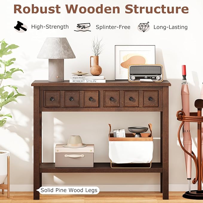 Giantex 2-Tier Narrow Console Table, 38" Retro Entryway Table with 2 Drawers and Open Storage Shelf, Wood Accent Sofa Tables for Living Room, Foyer, Hallway, Bedroom, Entrance