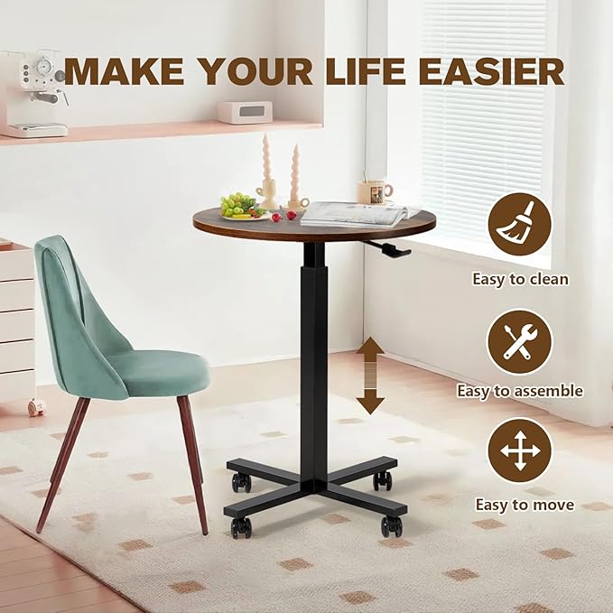 Bar Table,Round Dining Table with Height Adjustment,23.8-Inch Top, 41 Inch Adjustable Range, Comes with 4 Wheels, Ideal for Small Bar & Café(Rustic Brown), Set of 1