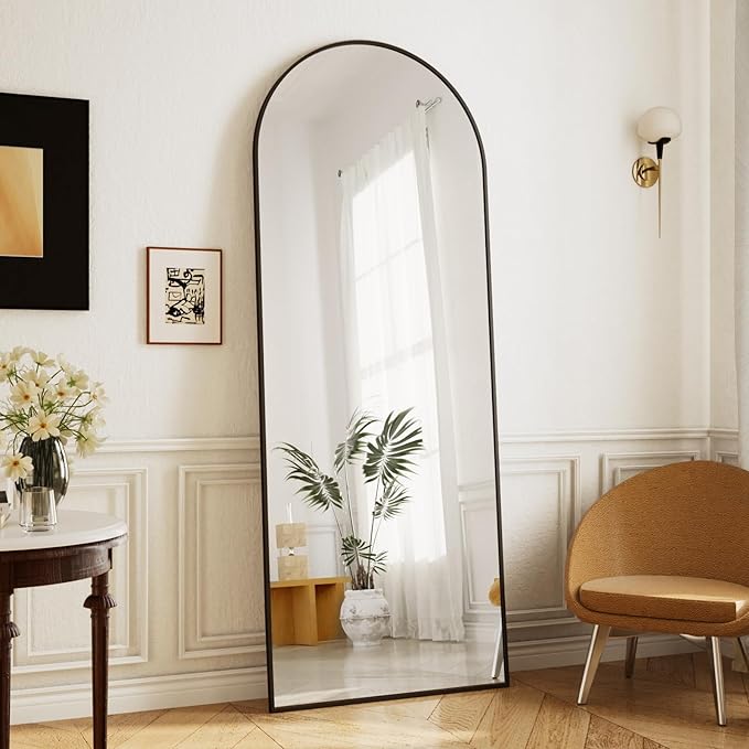 Arched Full Length Mirror - 65 x 24 inch Full Body Floor Mirror, ShatterVue Tempered Glass, Standing, Leaning, Wall Mounted for Living Room, Bedroom, Black