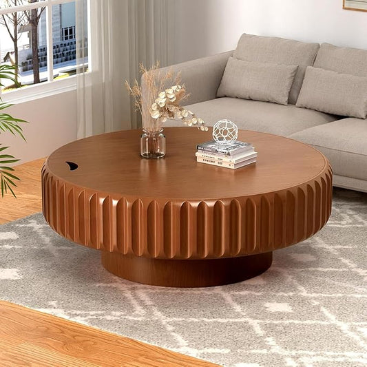 Round Drum Coffee Table White Fluted Coffee Table Circle Center Table Pedestal End Table for Apartment (Brown 39.4)