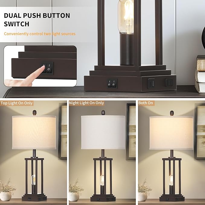 27" Tall Farmhouse Table Lamps Set of 2, Brown Industrial End Table Lamp for Living Room with Night Light, Rustic Bedside Lamps with USB C+A Ports & AC Outlet, Vintage Bedroom Lamp for Nightstand