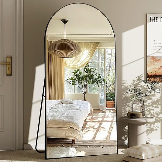 GLSLAND-30x71 inch Wall Mount Arched Full Length Mirror-Aluminum Alloy Frame High Definition-Full Body Mirror for Bedroom or Living Room,Black