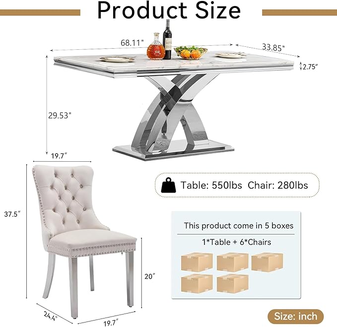 Goujxcy 68" Marble Dining Table Set for 6, Modern Rectangle Dining Room Table Set for 6, Luxury White Silver Marble Kitchen Table and Chairs Set of 6 for Living Room,Kitchen