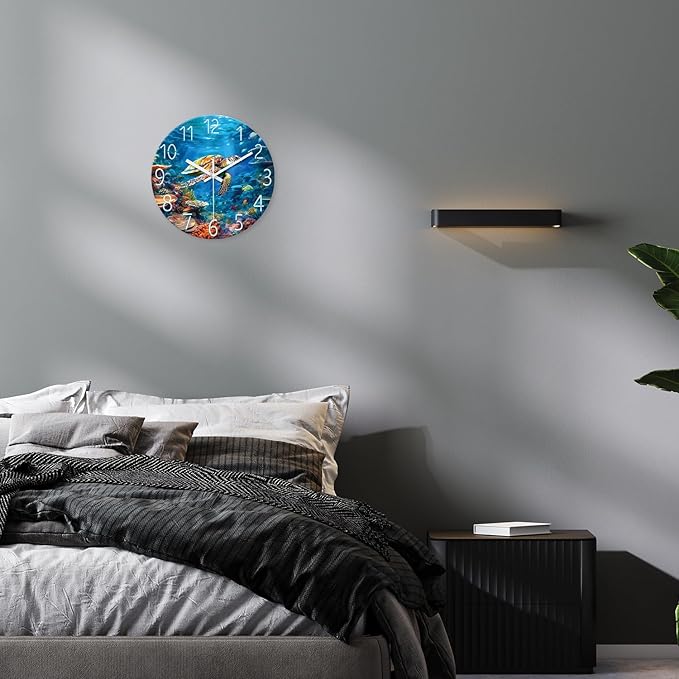 XNM Sea Turtle Glass Battery Powered Clock 14 Inch Ocean Blue Analog Clock for Bathroom Round Silent Wall Clock Non Ticking