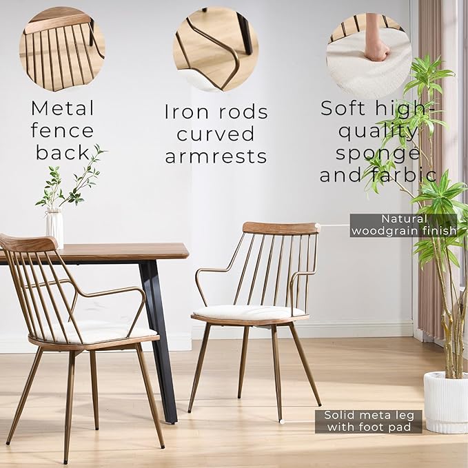 Modern Dining Chairs Set of 6, Upholstered Dining Chairs with Metal Leg, Wood Kitchen Chairs with Fence-Like Back and Curved Arm for Dining Room Kitchen Restaurant Reception (Beige)