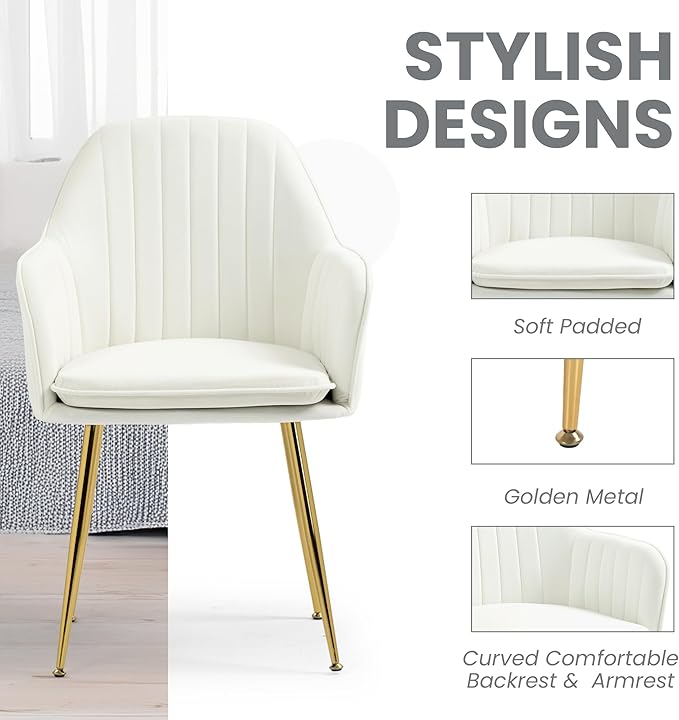 ECOTOUGE Matte Velvet Dining Chairs Set of 4, Modern Arm Chair with Golden Metal Legs, Living Room Accent Chairs for Kitchen, Beige