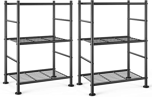 2-Pack Storage Shelves - 3-Tier Metal Wire Shelf Organizer, Slim Shelf Rack with Adjustable Feet for Laundry Room, Kitchen, Garage Organization, 18.2" x 12.3" x 30.4", Black