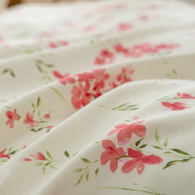 Boho Floral Duvet Cover Full Soft Cotton Girls Pink Floral Bedding Set Chic Garden Style Cute Flower Pattern Duvet Cover Vintage Floral Botanical Comforter Cover 1 Full Duvet Cover with 2 Pillowcases