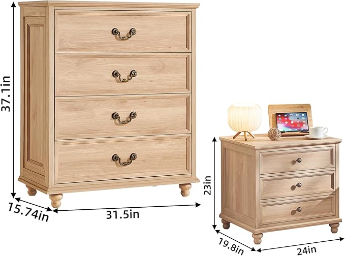 24" Wide Farmhouse Nightstand Set of 2, 37" Tall Rustic Chests of Drawers w/ 4 Solid Wood Feet, Farmhouse Furniture Series for Living Room,Bedroom,Wood
