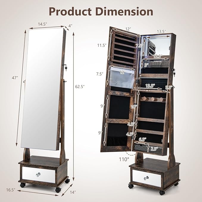 GOFLAME Standing Jewelry Cabinet Armoire with Wheels, Lockable Jewelry Storage Organizer with Full Length Mirror, 3-Color LED Lights, Interior Makeup Mirror, Jewelry Armoire for Bedroom (Rustic Brown)