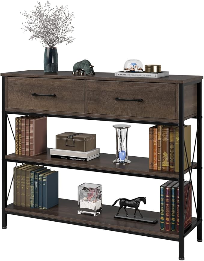 HITHOS Industrial Console Table with Drawers, Vintage Hallway Foyer Table with Storage Shelves, Narrow Long Sofa Entryway Table for Living Room, Dark Brown