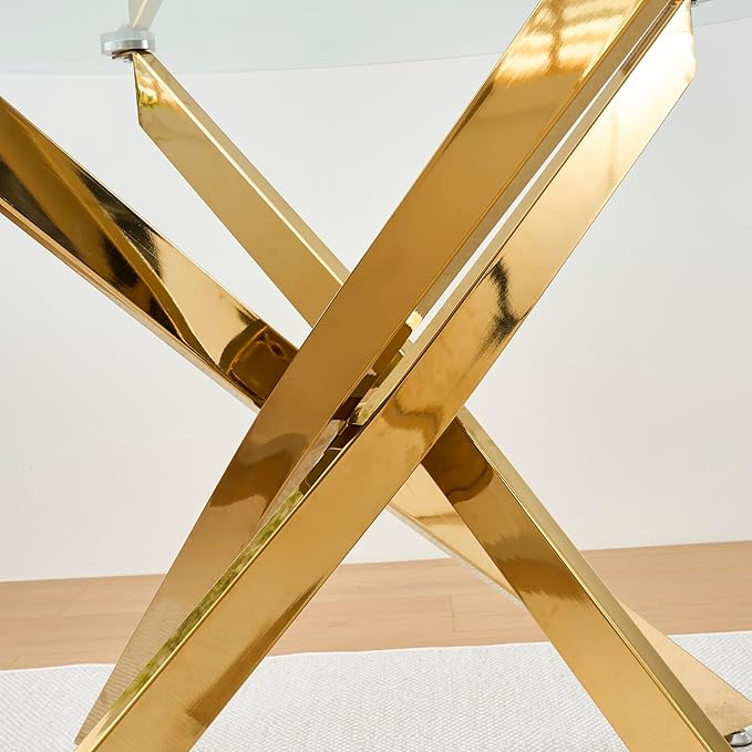 47.24" Round Glass Dining Room Table for 6 with Tempered Glass Top and Gold Chrome Metal Legs, Modern Clear Kitchen and Dinner Table for Home Office Dining Room