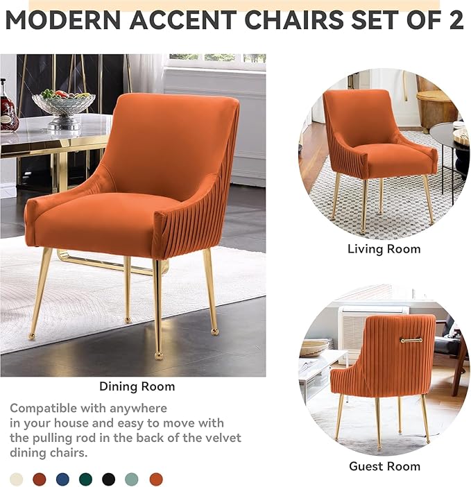 Dining Chairs, Accent Chairs Set of 8, Modern Upholstered Kitchen Dining Room Chairs with Gold Legs, Fabric Tufted Velvet Living Room Chairs for Reception Room Bedroom Guest Room (Orange)