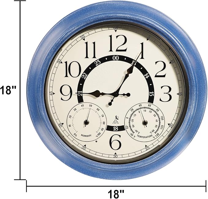 18 Inch Illuminated Retro Indoor Outdoor Wall Clocks with Thermometer and Hygrometer Waterproof Metal Large Clocks with Auto Light Smart Sensor for House Warming Gifts New Home Living Room Decor