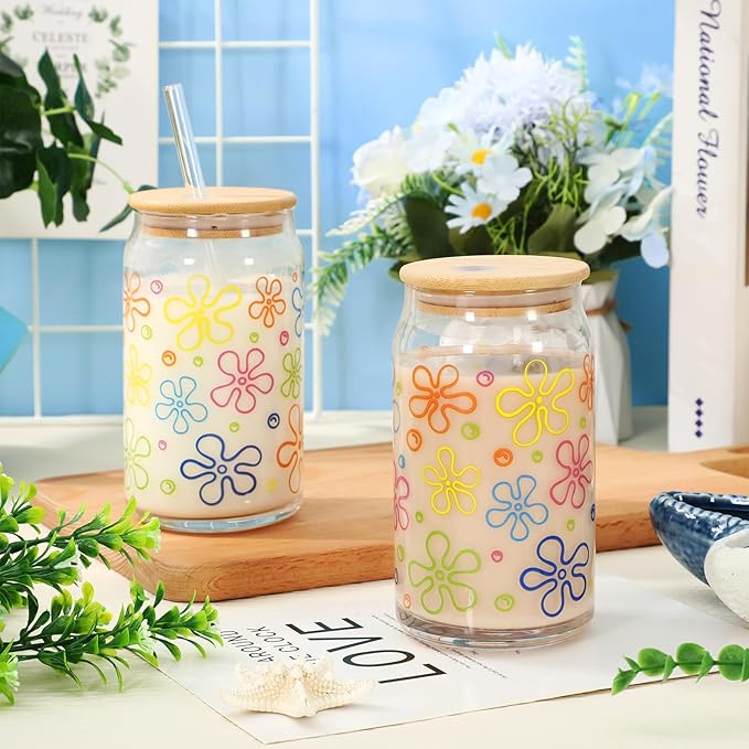 2 Pack Cartoon Sponge Drinking Glasses 16oz Flower Bubbles Glass Cup Colorful Iced Coffee Cup with Lid Straw for Birthday Baby Shower Cocktail Whiskey Beer Soda