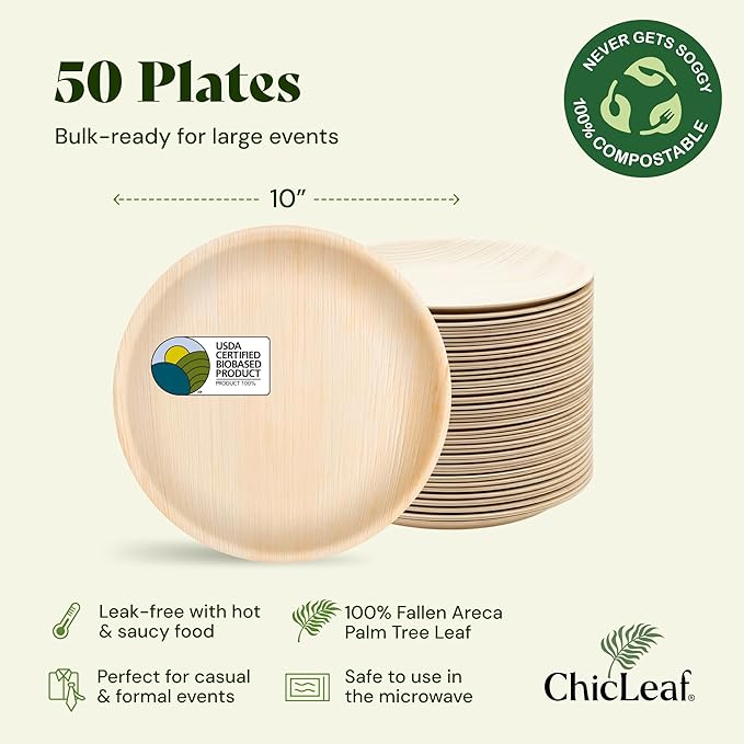 Chic Leaf Palm Leaf Plates - 10" Round - 50 Pack of 100% Compostable, Biodegradable & Disposable Bamboo Plates - Heavy Duty, Sturdy Paper Alternative for Wedding Desserts & Events Christmas Dinner