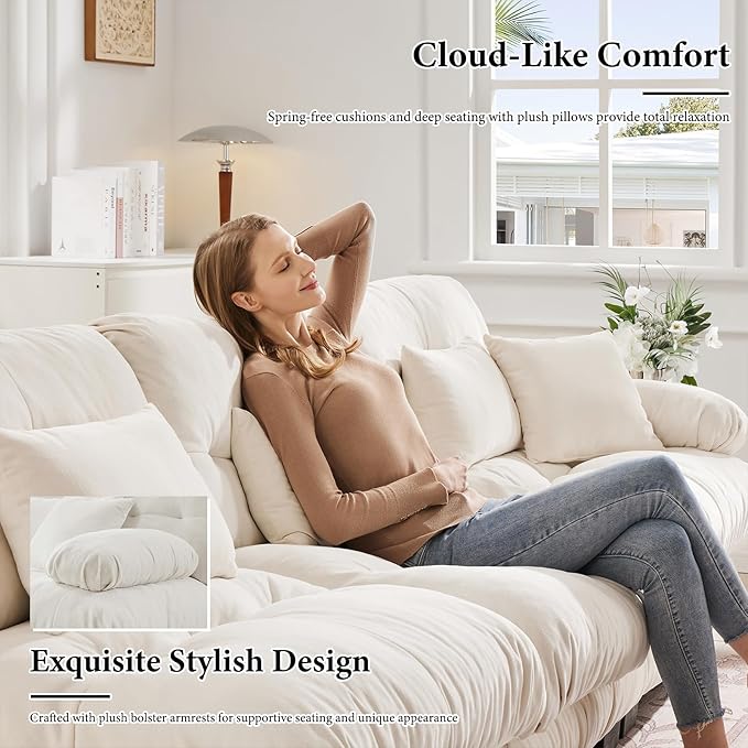 94.4” Loveseat Sofa, 2 Seater Modular Sectional Sofa, White Large Sectional Fluffy Couch Set, Chenille Cloud Couch with 4 Pillows, Deep Seat Sofas for Living Room
