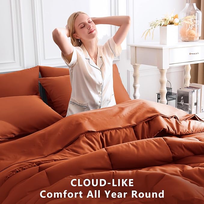 CozyLux King Size Comforter Set Terracotta, 7 Pieces Bed in a Bag, Burnt Orange Fall Comforter King Size, All Season Bedding Sets with Stitch Quilted Comforter, Flat Sheet, Fitted Sheet, Pillowcases
