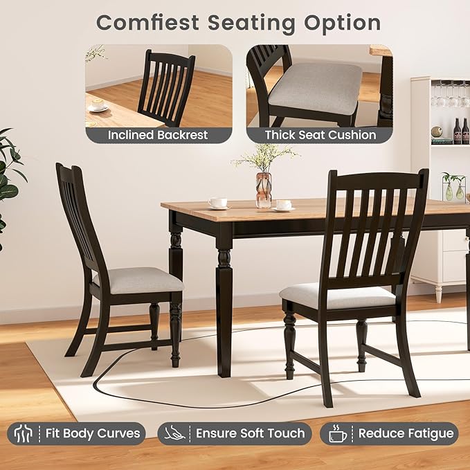 Giantex Wood Dining Chairs Set of 4, Farmhouse Black Kitchen Chairs with Solid Wood Frame, Max Load 355 Lbs, Armless Upholstered Dining Side Chairs with Cushion Seat, Slat Back Dining Room Chair