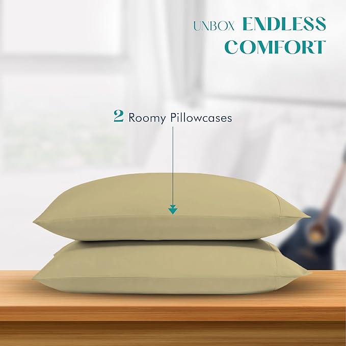 XOOX Linen 100% Egyptian Cotton Pillow Cases Standard/Queen Size Set of 2 - Luxury 1200 Thread Count Sateen Beige Pillow Cases, Silky Soft Cooling Pillowcases Fits Standard & Queen Size Pillows
