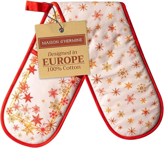Maison d' Hermine Double Oven Mitt (7" x 35") 100% Cotton Heat Resistant BBQ Cooking Gloves with Loop for Thanksgiving Christmas Decorations Baking Cooking Barbeque Handling Hot Pan (Crystal Star)