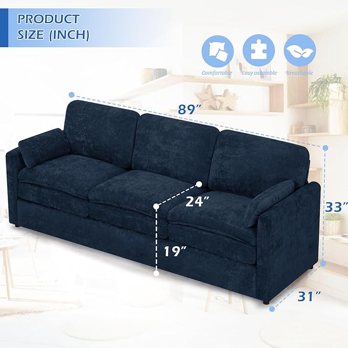 3 Pieces Chenille Sofa Set w/Arm Pillows, Upholstered 2 Pieces Loveseat & 3 Seater Sofa w/Comfortable Back Cushions, Modern 2-Seat & 3-Seat w/High-Density Foam for Living Room, Blue