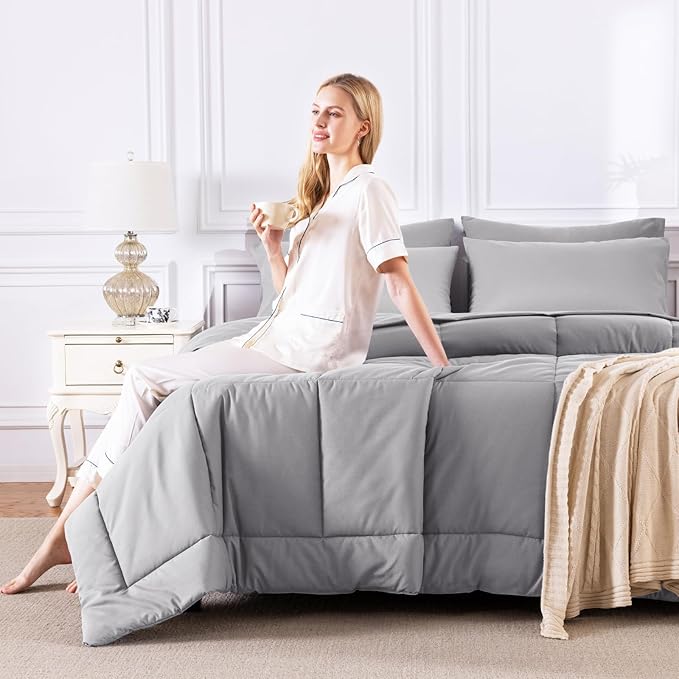 CozyLux King Size Comforter Set Grey, 7 Pieces Bed in a Bag, Gray Comforter King Size, All Season Bedding Sets with Stitch Quilted Comforter, Flat Sheet, Fitted Sheet, Pillowcases