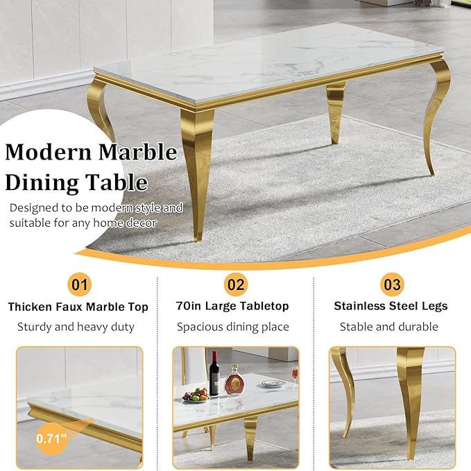 70" Marble Dining Table Set for 6, Modern 7 Piece Dining Room Table Set with White Faux Marble Dining Table & 6 Black Velvet Upholstered Chairs, Luxury Gold Kitchen Table Chairs Set of 6