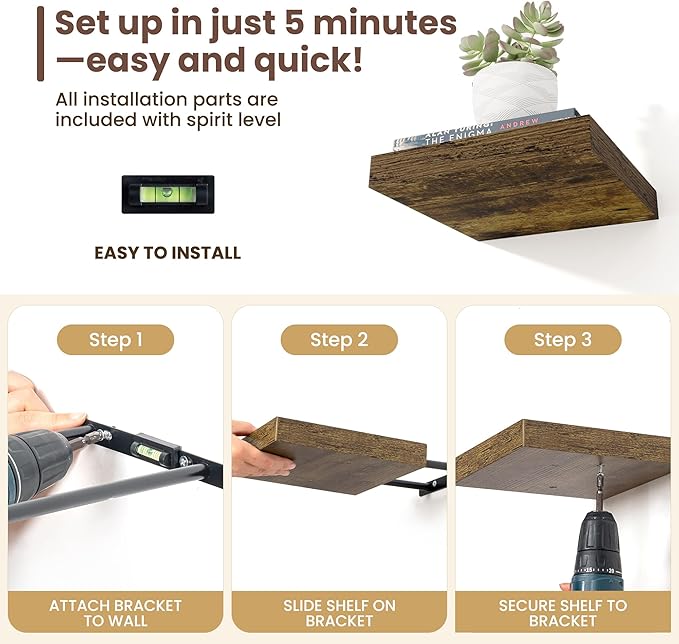 Fun Memories Floating Shelves for Wall - 9.3 Inch Square Shelves with Invisible Brackets, Small Wall Shelf for Living Room, Bathroom, Bedroom, and Kitchen Decor，Brown Set of 3
