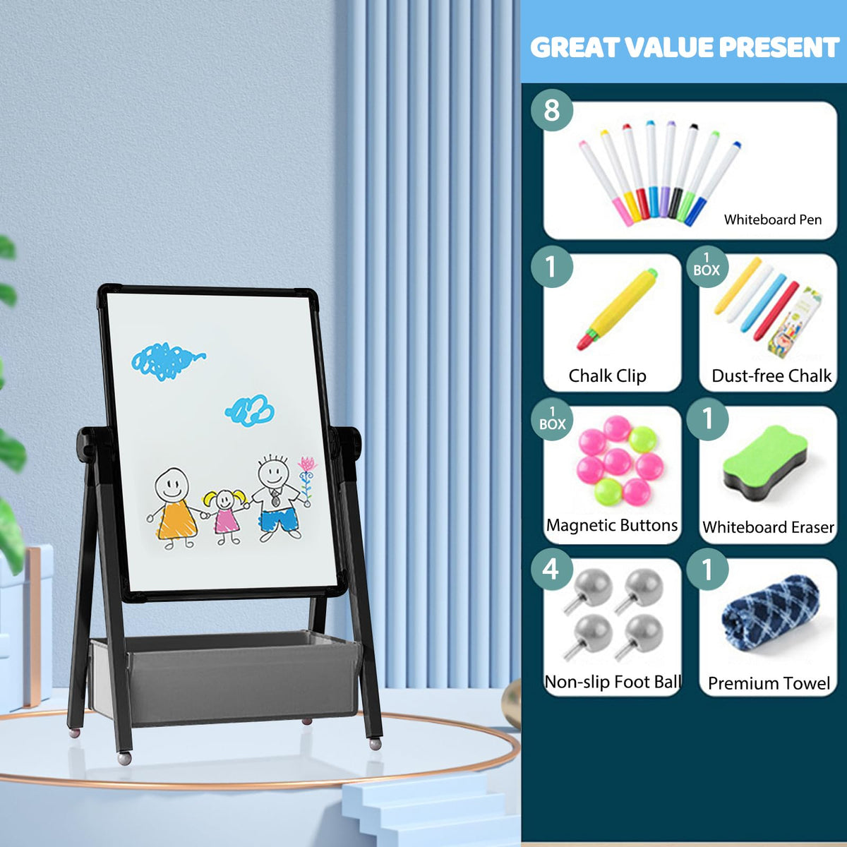 Art Easel for Kids, Double Sided Kids Easel Drawing Board, Whiteboard & Blackboard, 360°Rotating Adjustable(Black)