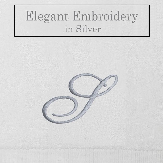 White Monogrammed Hand Towels for Bathroom - Luxury Hotel Quality Personalized Initial Embroidered Towel for Powder Room, Spa - GOTS Organic Certified - Pack of 2 Silver, Letter S