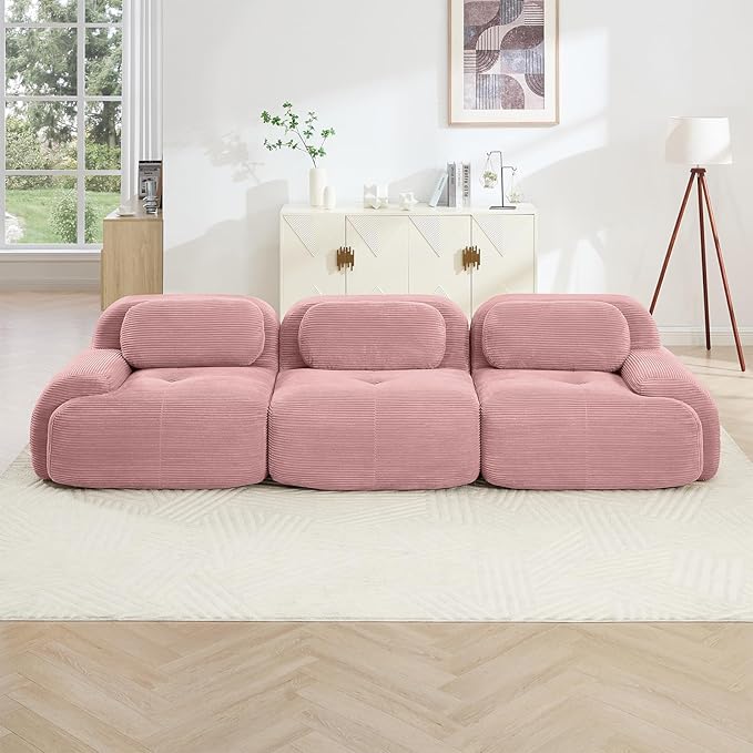 116" Modern Corduroy Cloud Sofa, Boneless Modular Large Sectional Couches for Living Room, Pink 3 Seater Compressed Memory Foam Couch, Extra Deep Seat, No Assembly