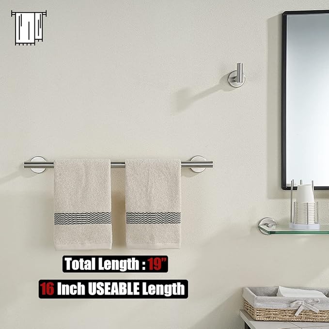 JQK Towel Bar Brushed Steel, 19 Inch 304 Stainless Steel Thicken 0.8mm Towel Rack Bathroom, Towel Holder Wall Mount, Useable Length 16 Inch TB110L16-BN